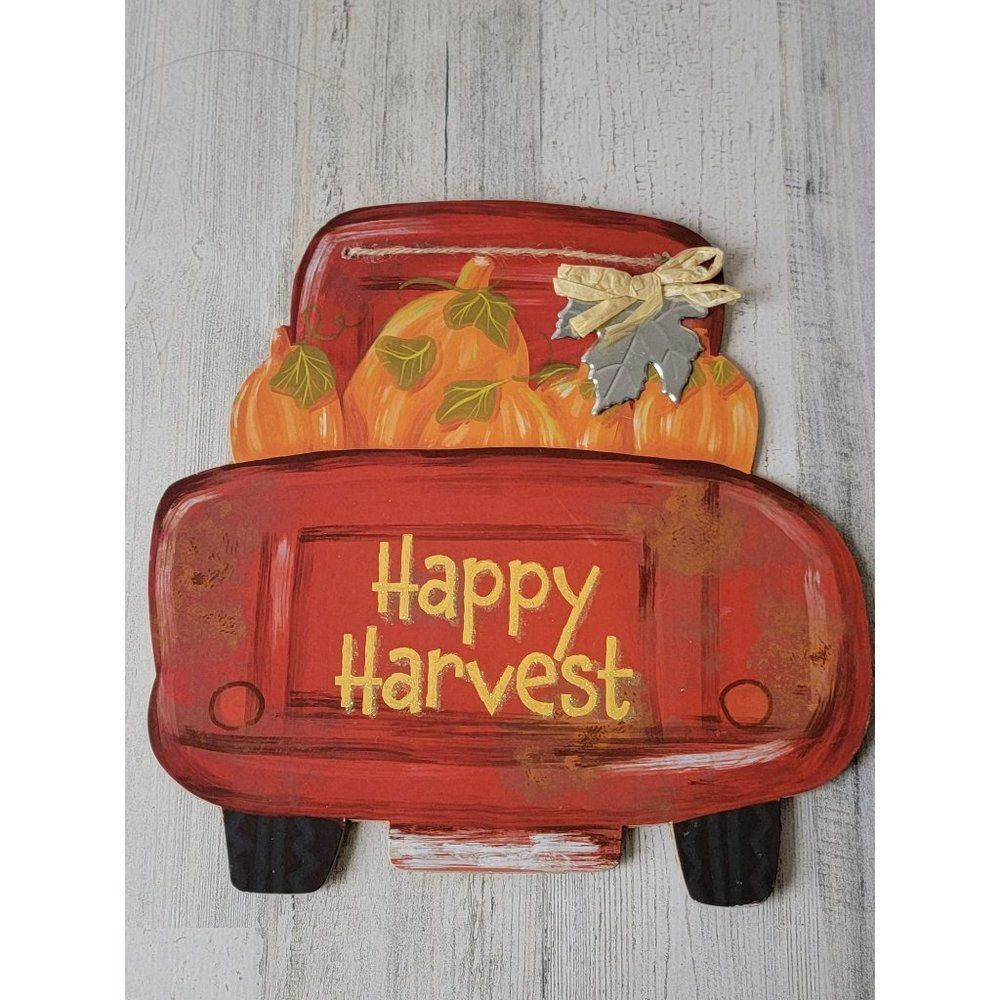 Happy harvest red truck pumpkin fall Halloween sign decor